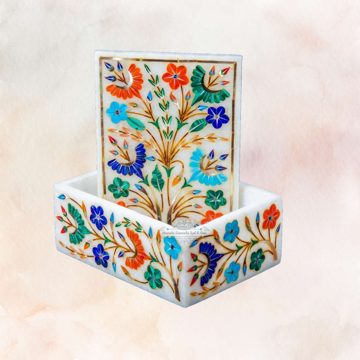 Orange Green Blue & Golden Colour Designed Marble Jewellery Box